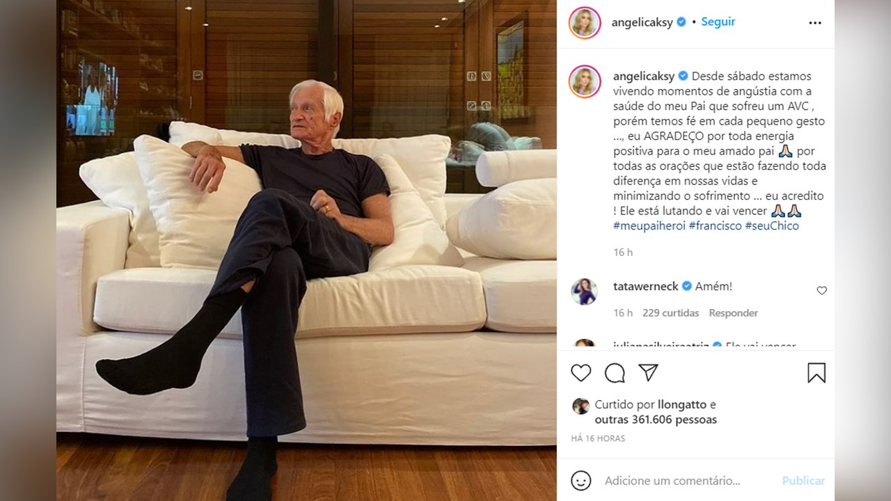 Angélica agradece orações após pai sofrer AVC no Instagram