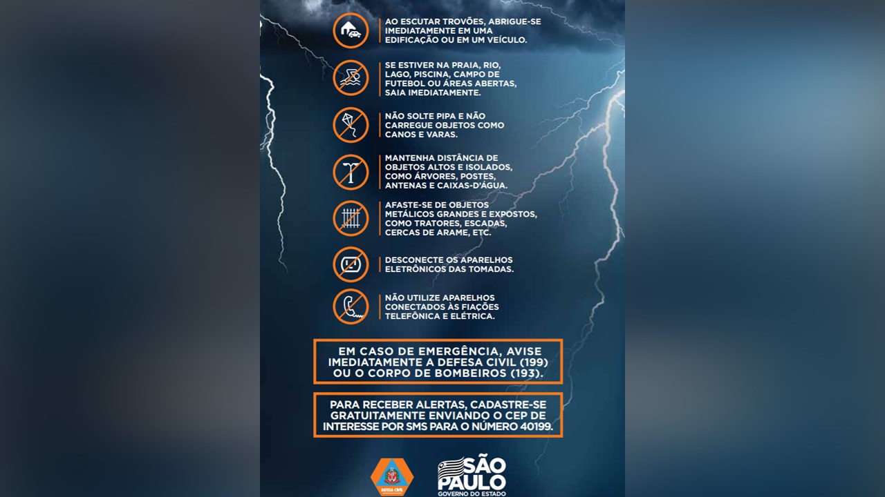 Defesa Civil alerta o que fazer em caso de tempestades, raios e granizo
