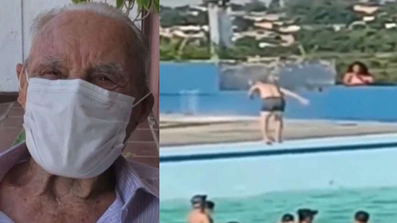 Vovô de 97 anos salta em piscina e galera delira