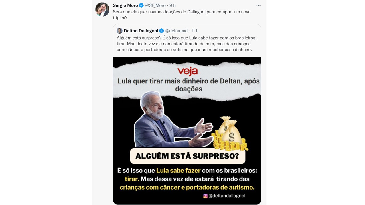 Moro provoca Lula por pedir mais dinheiro de Deltan