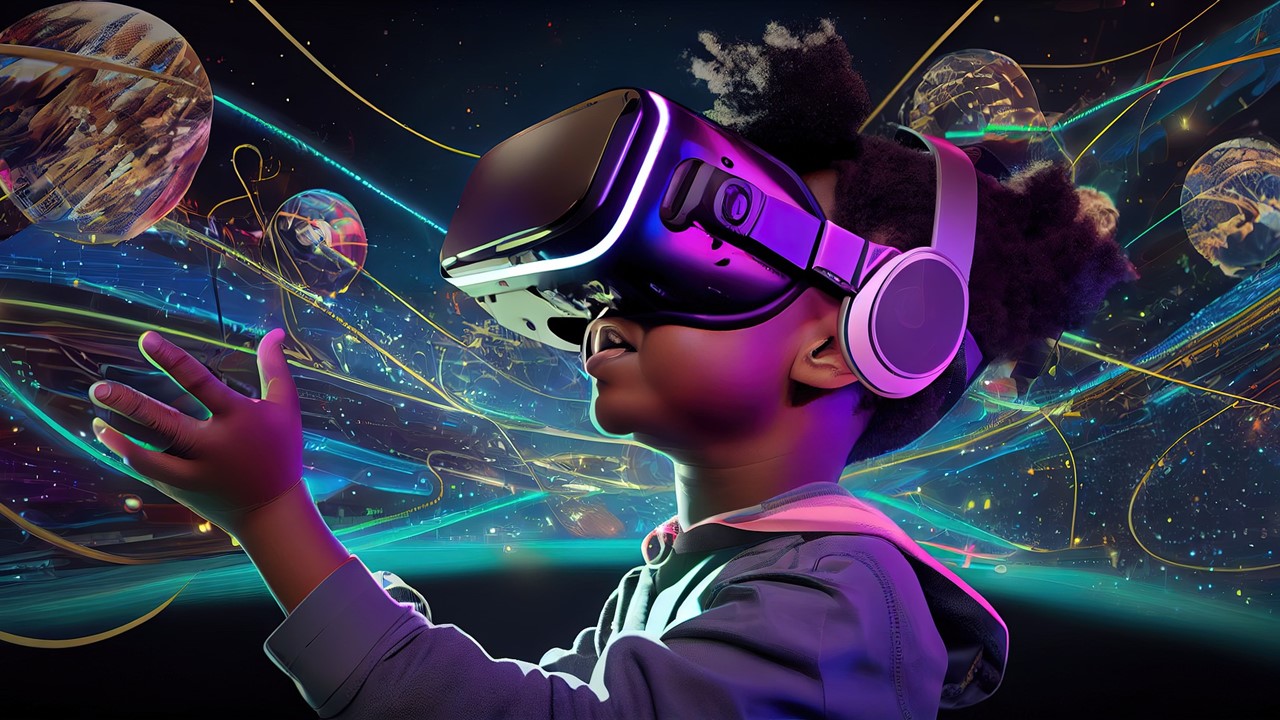 Desvendando o metaverso menino com óculos de realidade virtual realidade aumentada inteligência artificial metaverso metaverse ia ai