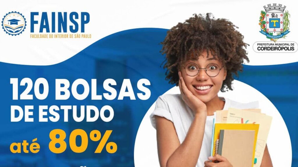 Cordeirópolis abre inscrições para 120 bolsas em cursos superiores Parceria com a FAINSP disponibiliza até 120 bolsas de estudo, com descontos de até 80%