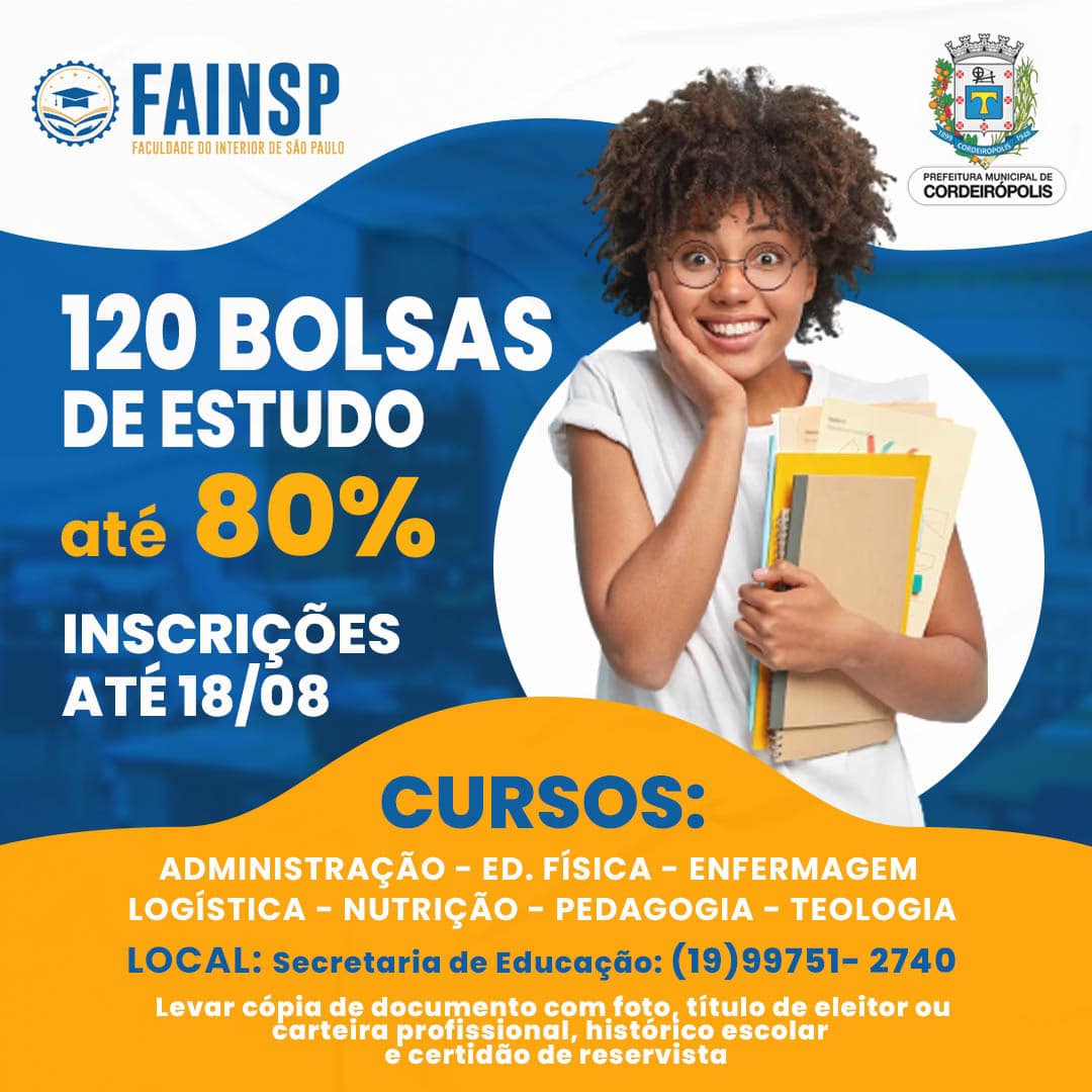 Cordeirópolis abre inscrições para bolsas em cursos superiores na FAINSP